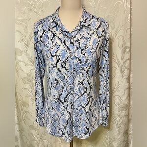 Jones New York Blue Snakeskin Print Long Sleeve Button Down Blouse